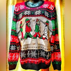 UGLY CHRISTMAS SWEATER The Beatles Paul John Ringo George Elves Light Up Abby Rd